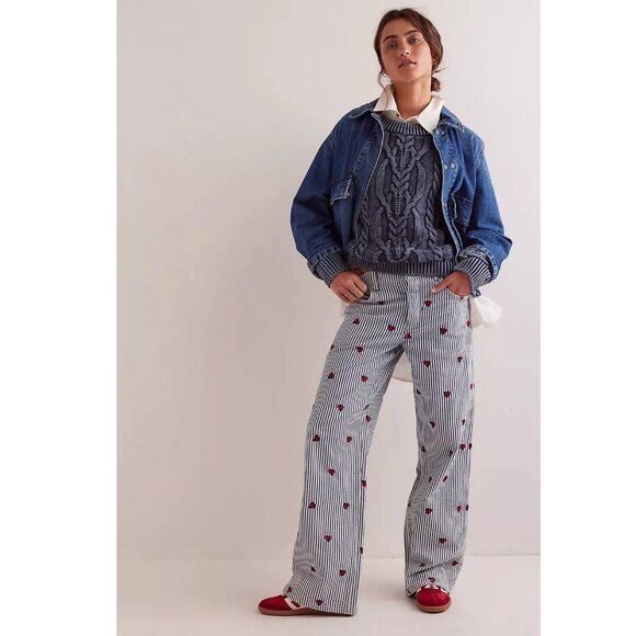 Free People Striped Straight Leg Pants - Blue and Red - Picture 4 of 10